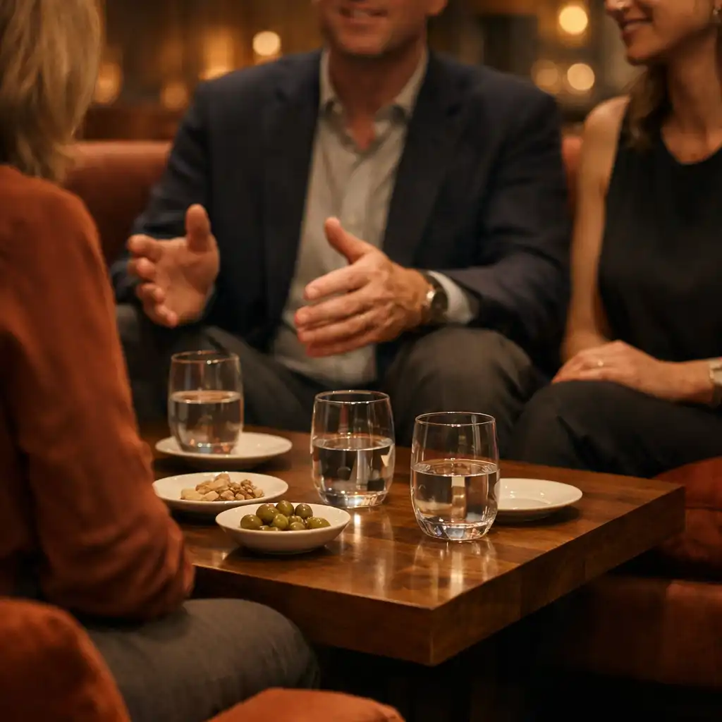 Meghitt lounge-éttermi sarok beszélgető vendégekkel és alacsony asztallal