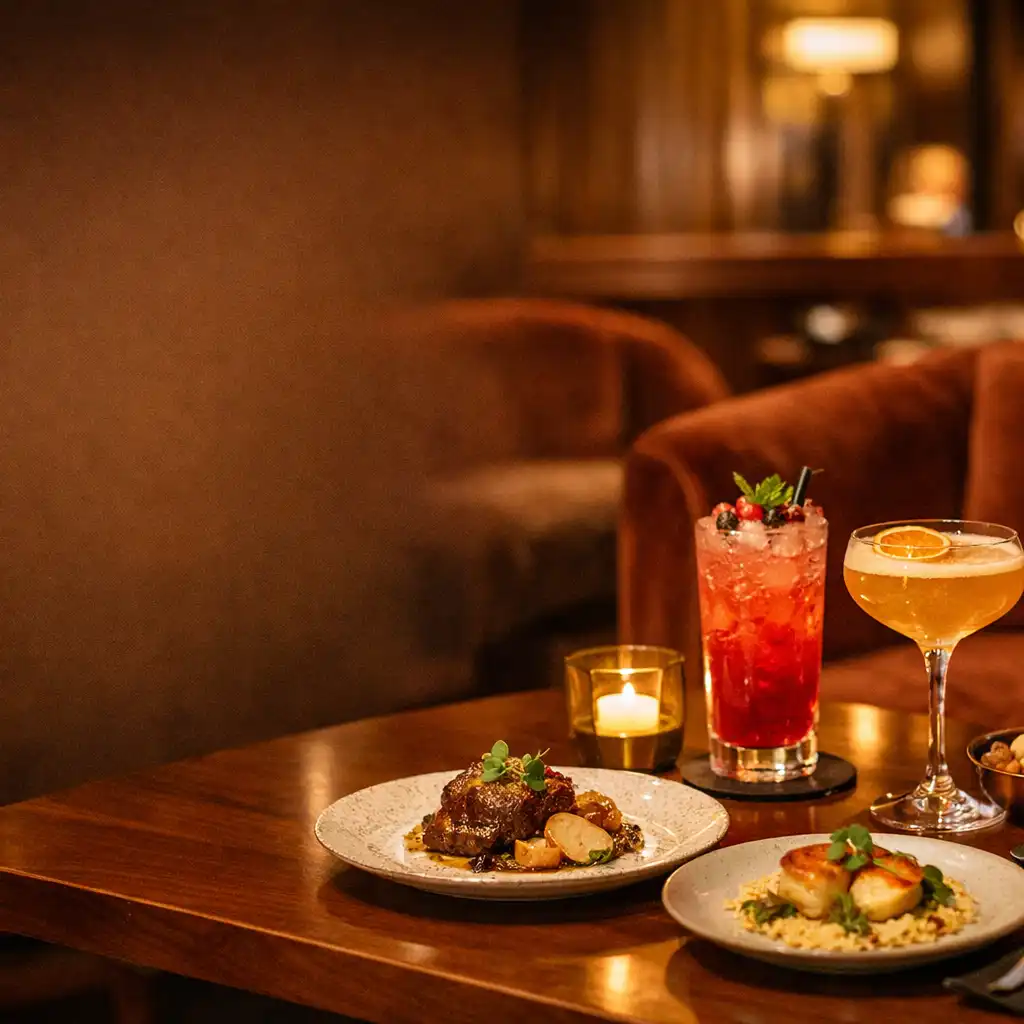 Gyertyafényes lounge-asztal italokkal, elegáns tányérokkal és puha ülőhelyekkel