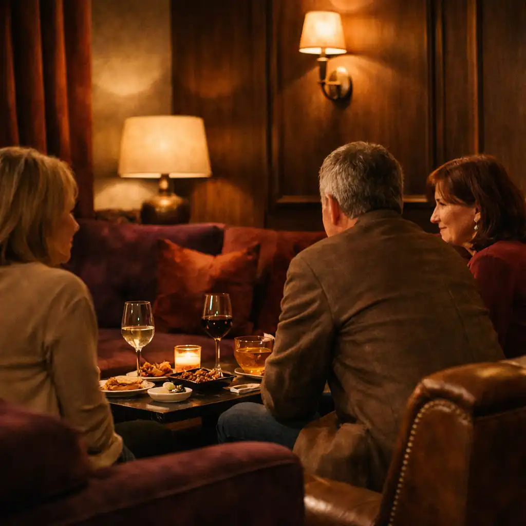 Vendégek beszélgetnek egy meleg fényű lounge-térben