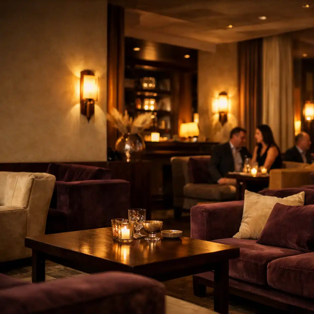 Meleg fényű esti lounge ülőhelyek és alacsony asztalok egy vendéglátó térben