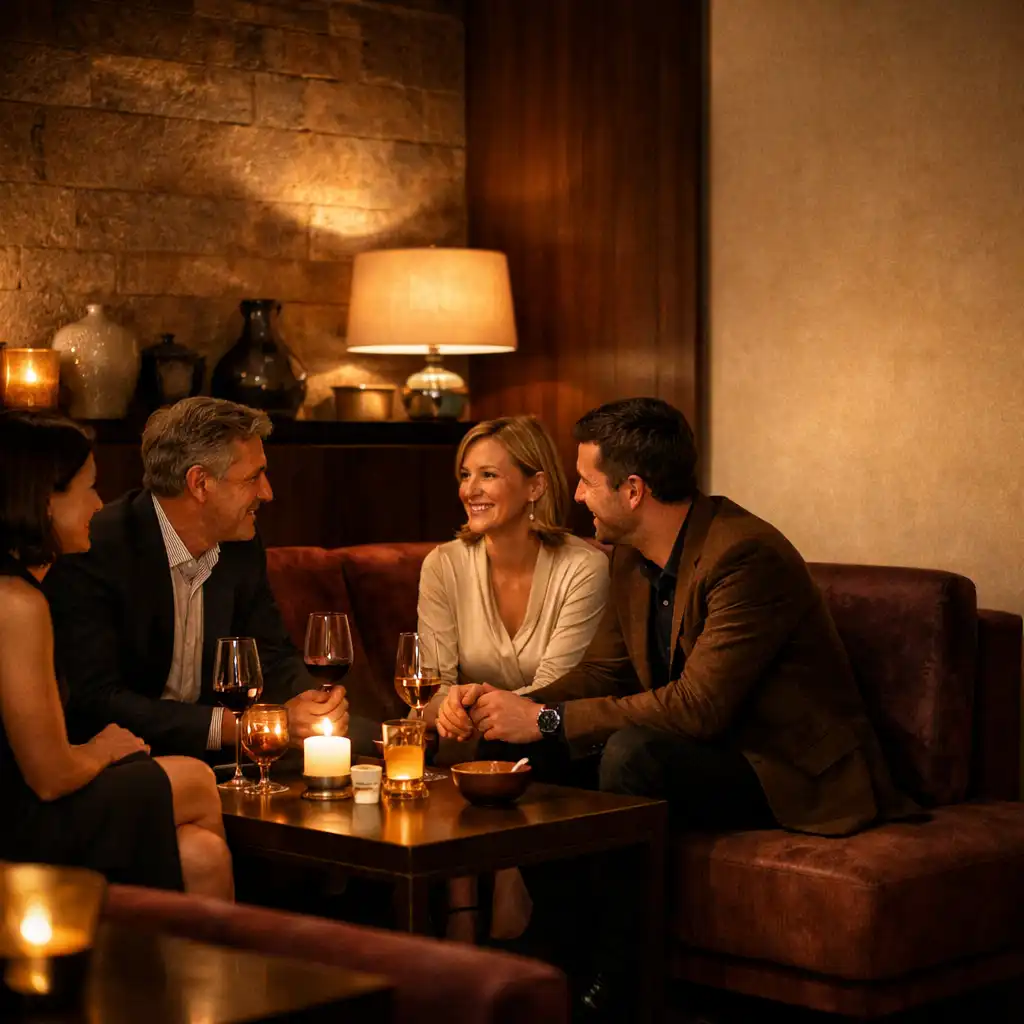 Kis társaság beszélget egy meleg fényű, elegáns éttermi lounge-ban